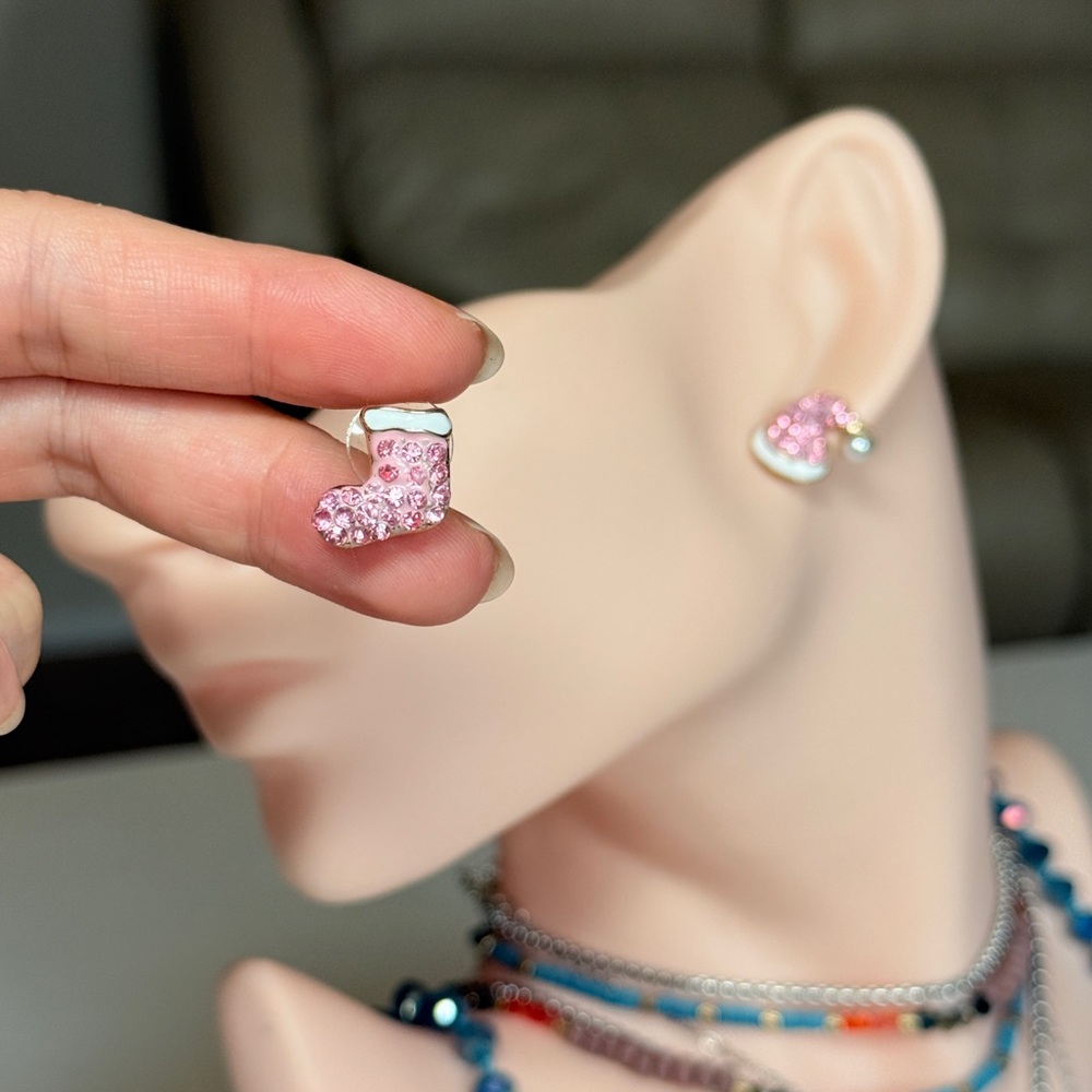 Pink Crystal Holiday Stocking Stud Earrings